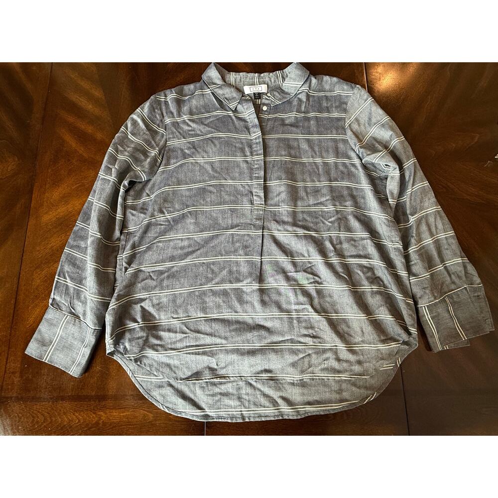 AYR Womens Large Striped Popover Shirt Blue Rayon Long Sleeve Casual Minimalist